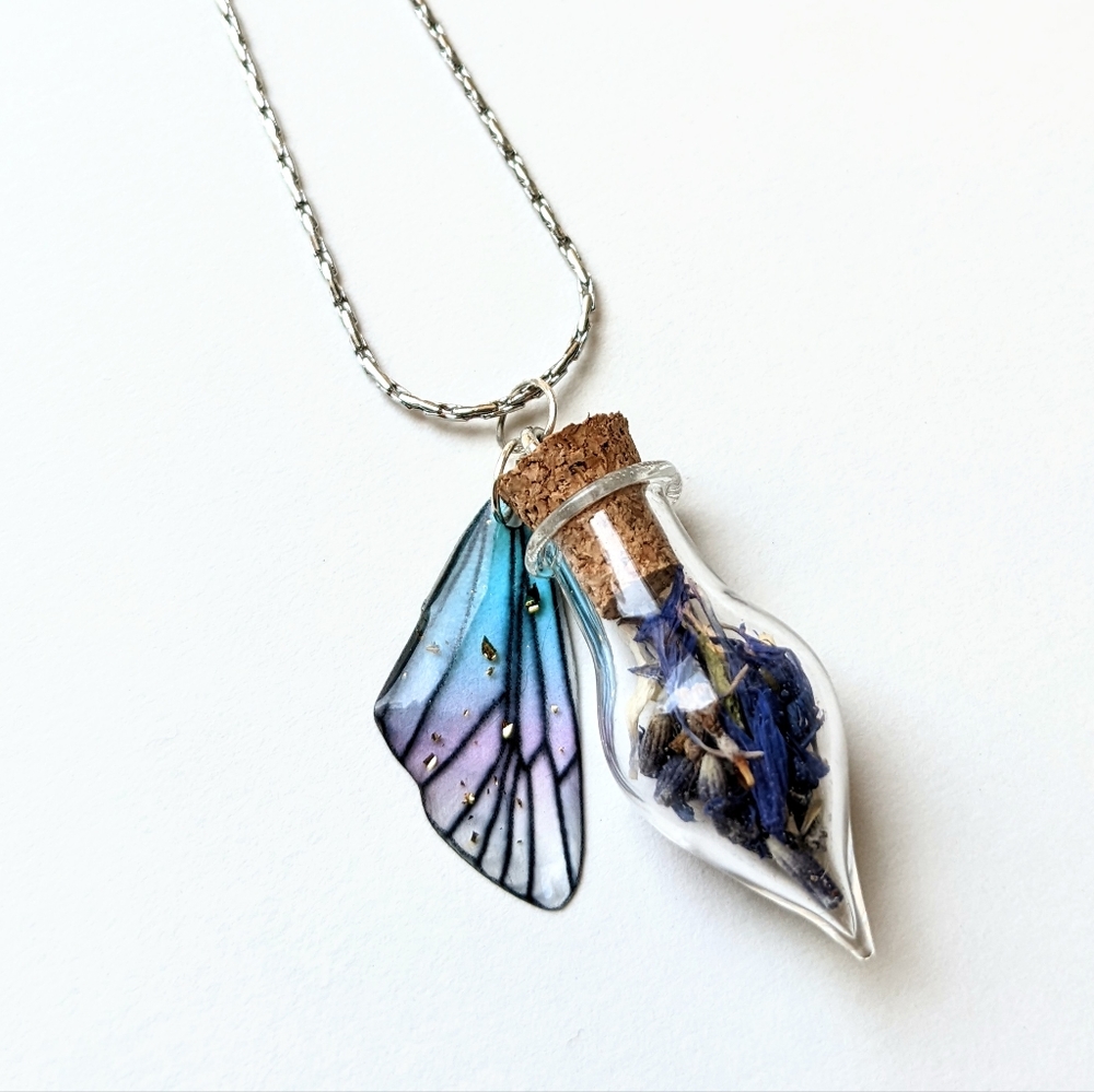 Blue Fairy Wing Lavender Cornflower Vial Necklace